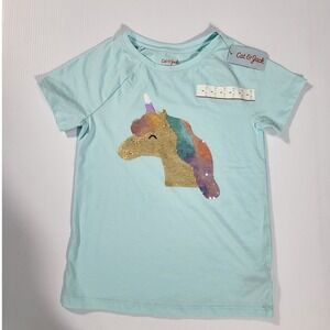 Cat & Jack Girls' Sequin Unicorn Shirt Short Sleeve‎ Top Blue Size L